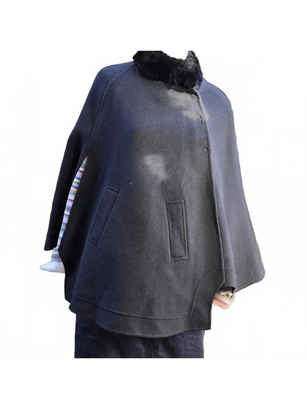 Retro Black Wool Blend Cape With Rex Rabbit Fur Collar Classic Glam Small
